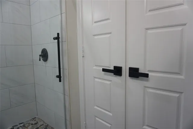 a bathroom with a shower and a mirror