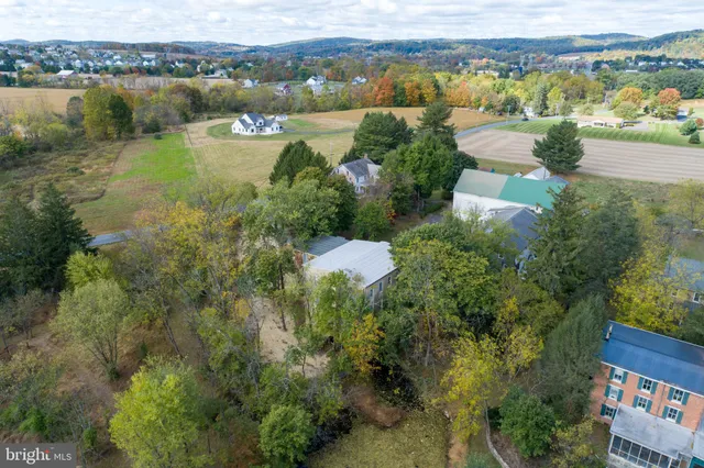 an aerial view of residential houses with outdoor space and trees