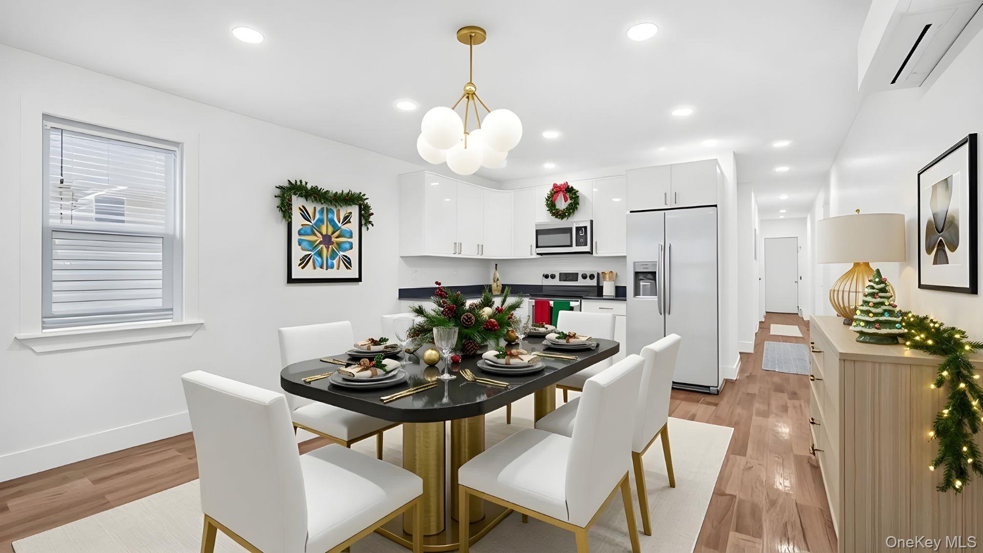 3968 Duryea Avenue Bronx, NY 10466 - Photo 2 of 30 Dining space featuring light wood-style floors, an AC wall unit, recessed lighting, and a chandelier
