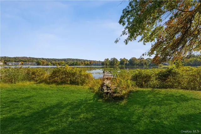 a view of a lake with houses in the background