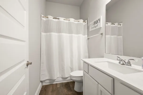 a bathroom with a sink a toilet and shower curtain