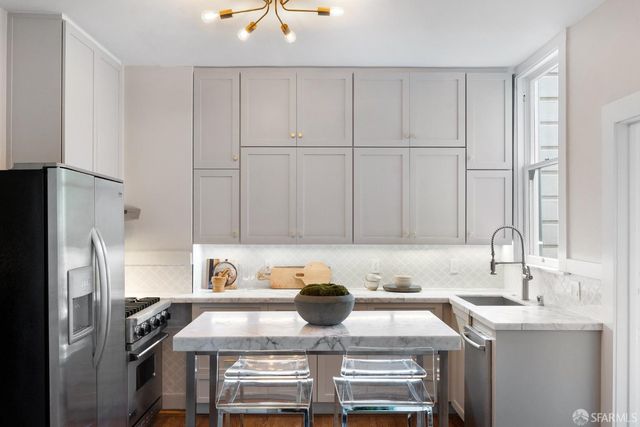 a kitchen with kitchen island a sink appliances and cabinets