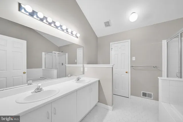 a bathroom with a double vanity sink a mirror and a shower