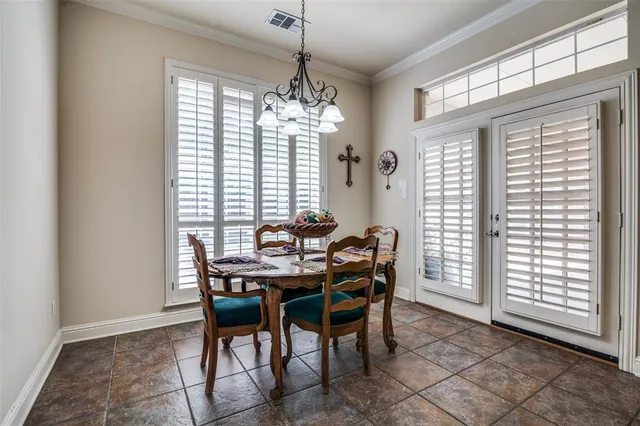 a view of a dining room with furniture and window