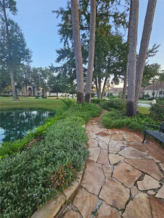 a view of a garden with trees