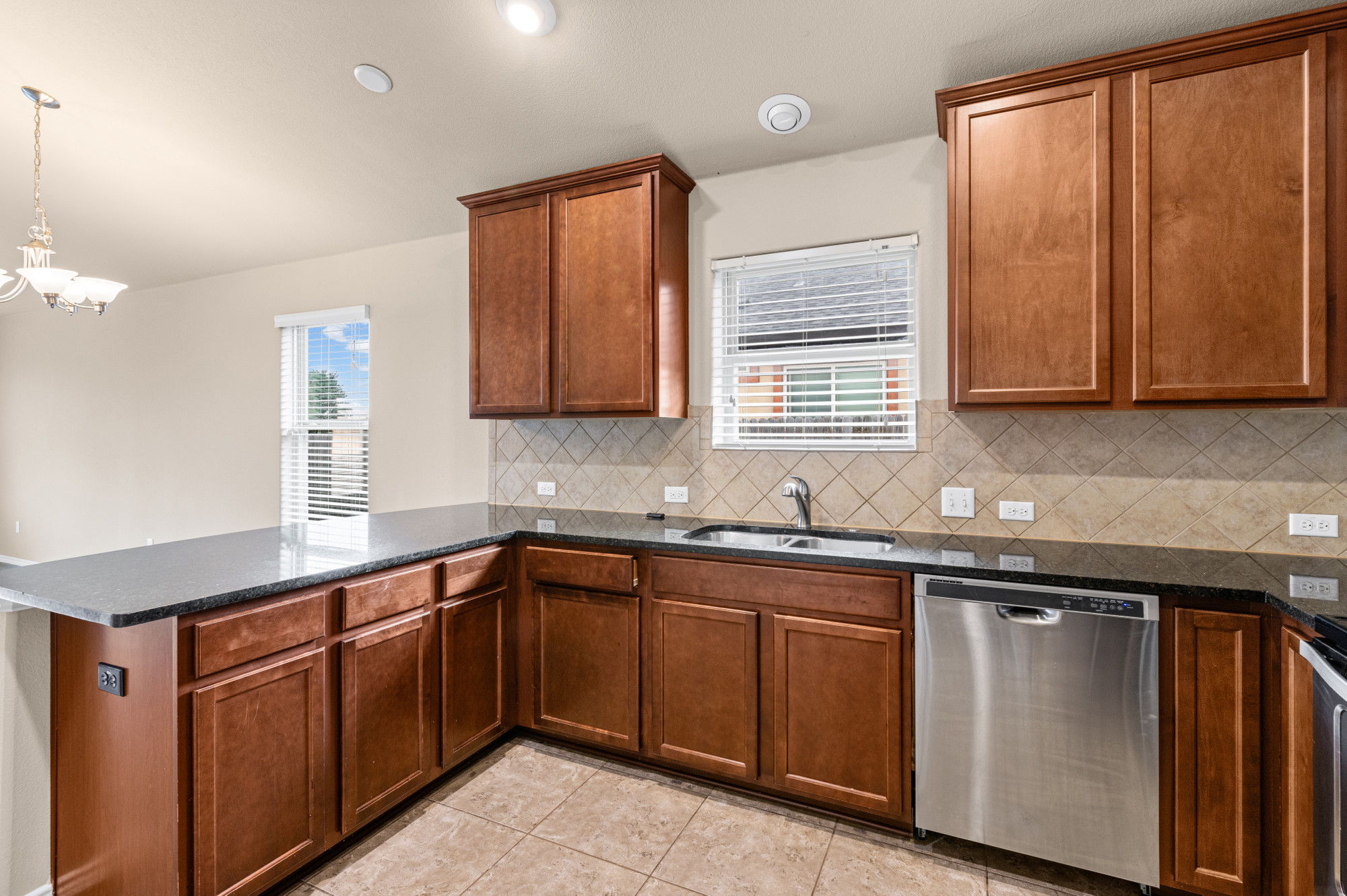 19308 Stokes Lane Pflugerville, TX 78660 - Photo 7 of 27 Kitchen featuring dark wood cabinetry, a stainless steel dishwasher, black countertops, and a tiled backsplash