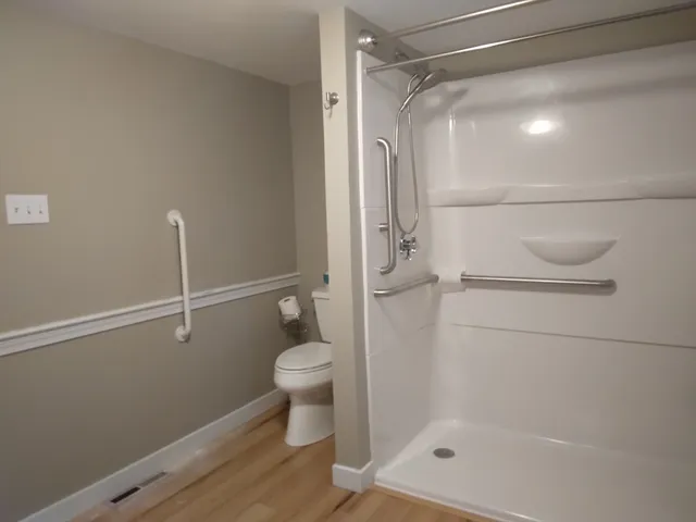 a bathroom with a toilet and a shower