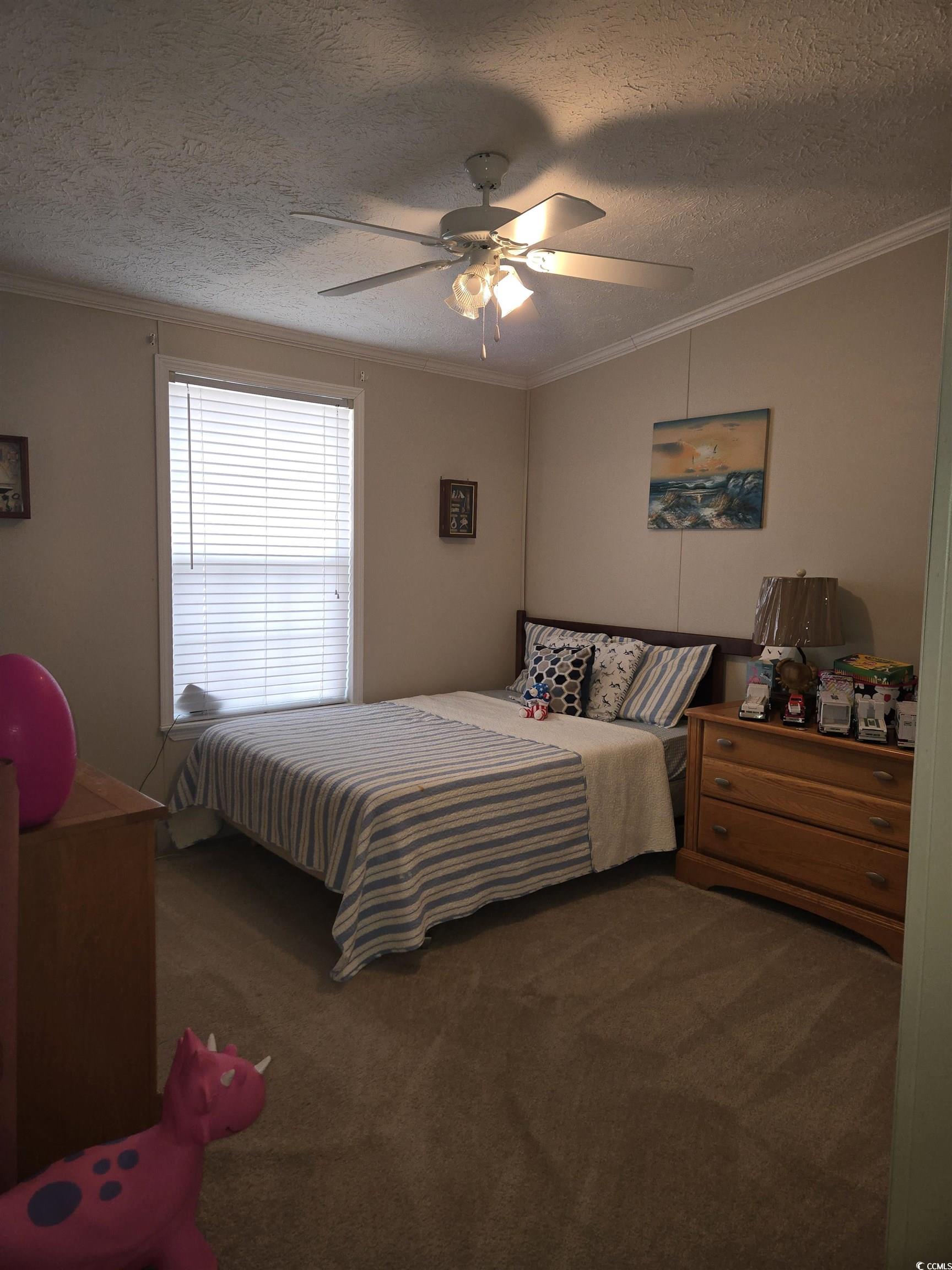 361 East Canal Street Murrells Inlet, SC 29576 - Photo 18 of 35 Carpeted bedroom featuring a ceiling fan, a textured ceiling, and crown molding