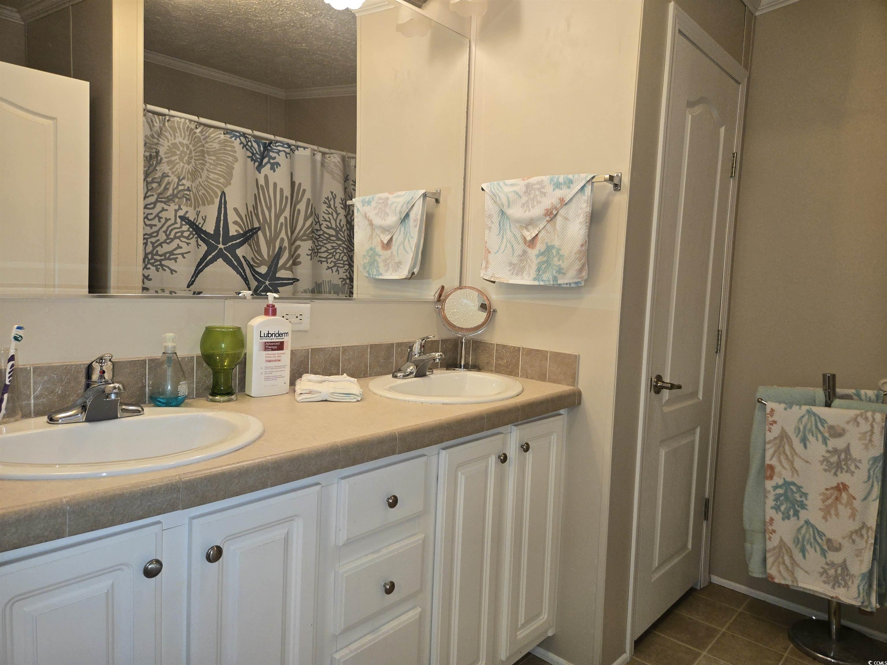 361 East Canal Street Murrells Inlet, SC 29576 - Photo 22 of 35 Bathroom with double vanity, ornamental molding, a textured ceiling, and a sink