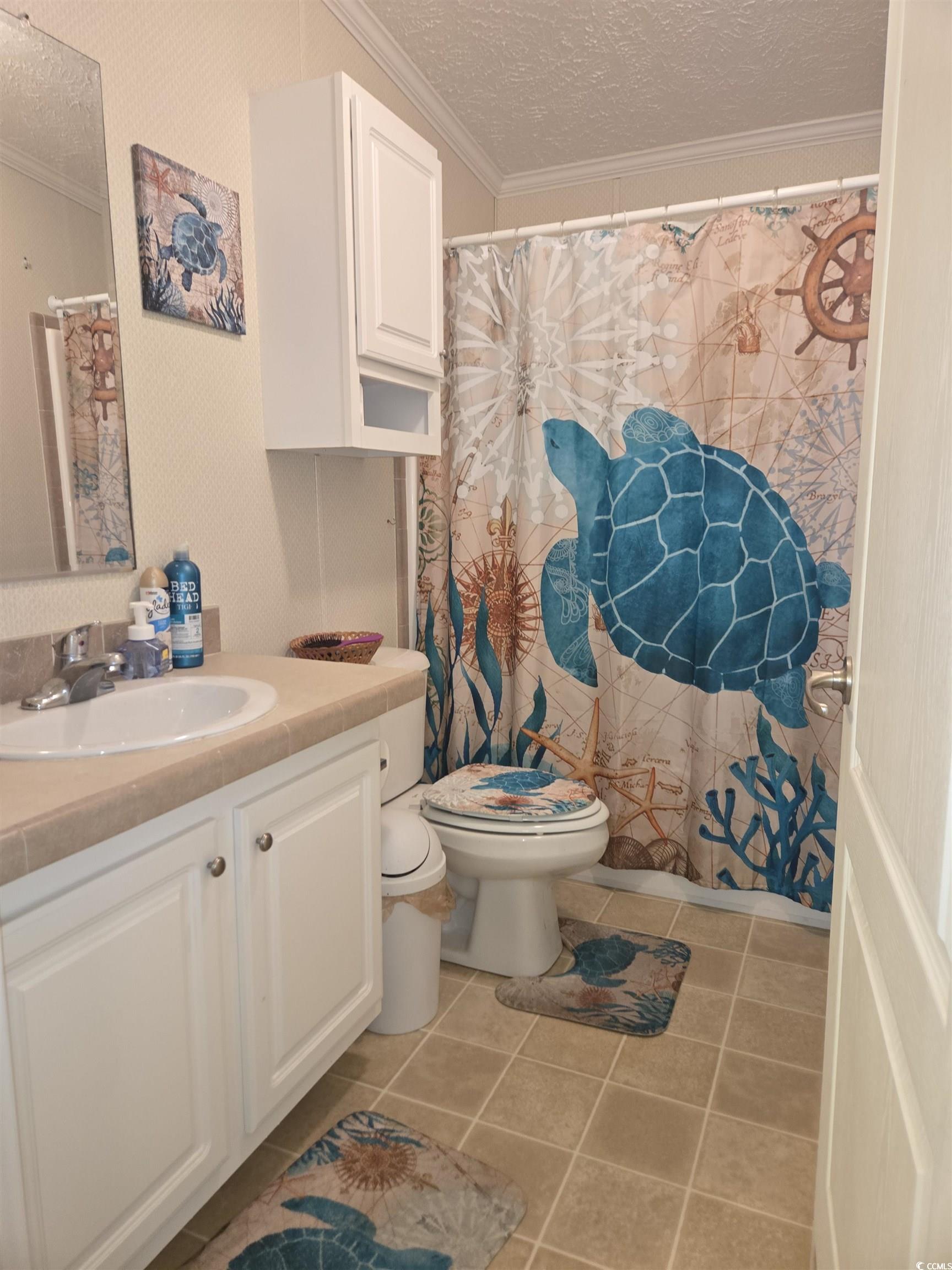 361 East Canal Street Murrells Inlet, SC 29576 - Photo 24 of 35 Bathroom with vanity, a textured ceiling, crown molding, and toilet