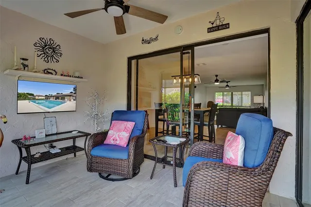 a view of a chairs and table in a patio