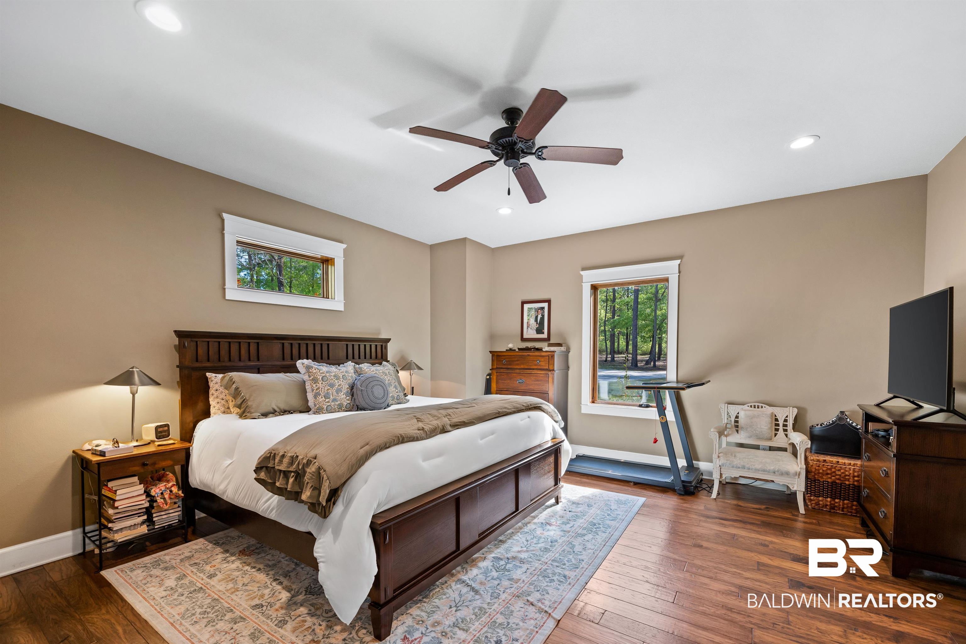 47252 Emmons Road Bay Minette, AL 36507 - Photo 19 of 50 Bedroom with dark wood-style floors, a ceiling fan, and recessed lighting