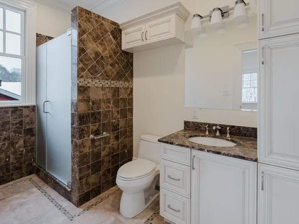 a bathroom with a granite countertop sink a toilet and shower