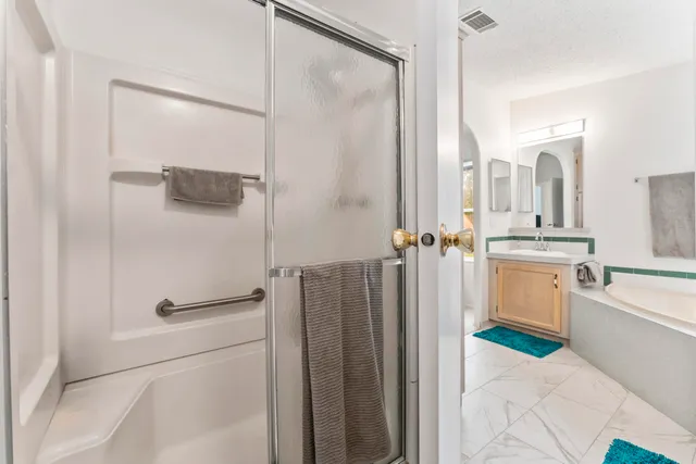 a bathroom with a shower a sink and a mirror