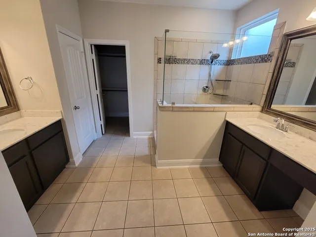 a bathroom with a sink a mirror and a shower