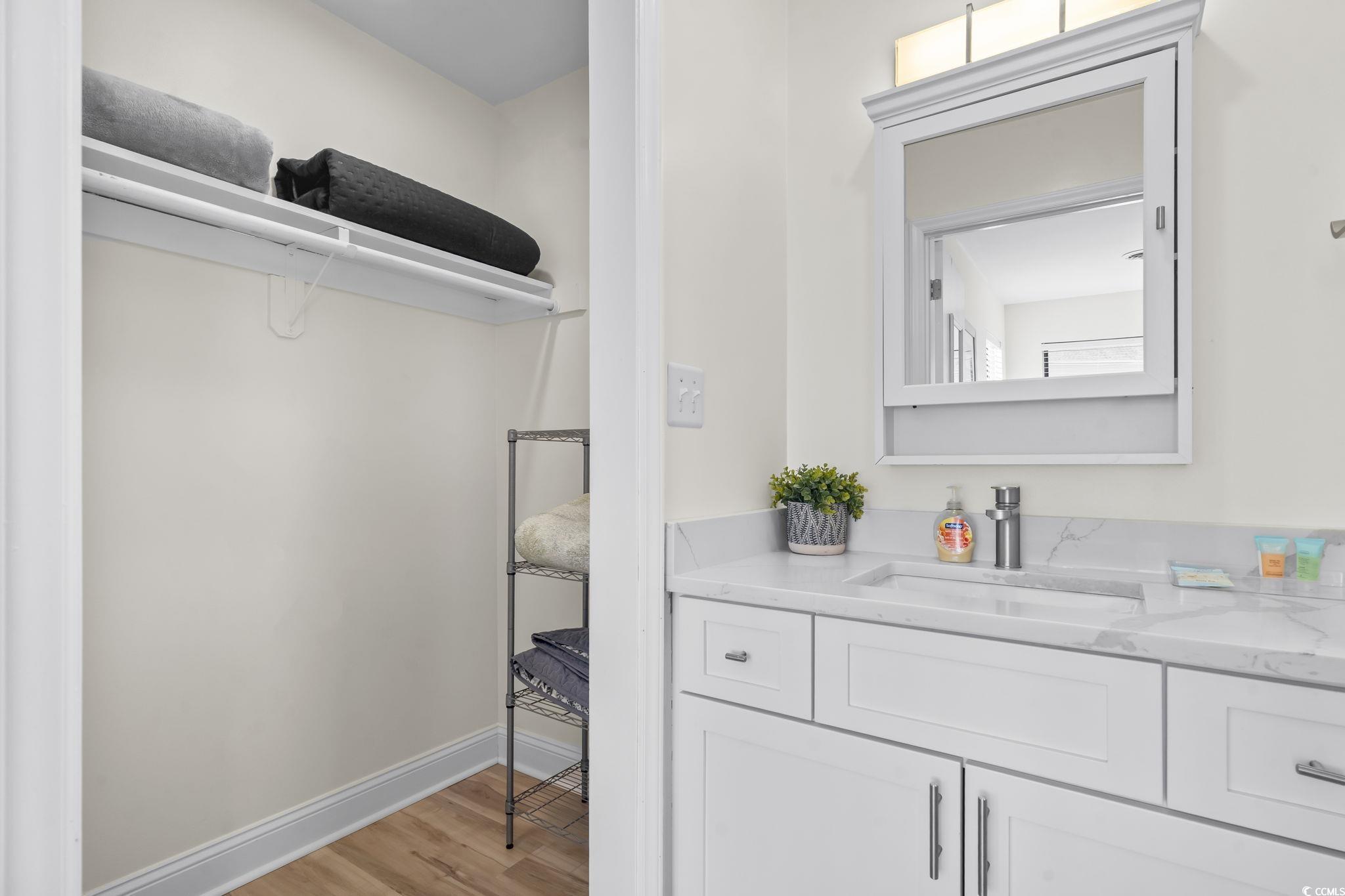 310 3rd Avenue North, Unit A2 Surfside Beach, SC 29575 - Photo 27 of 40 Bathroom featuring vanity, light wood-style floors, and a walk in closet