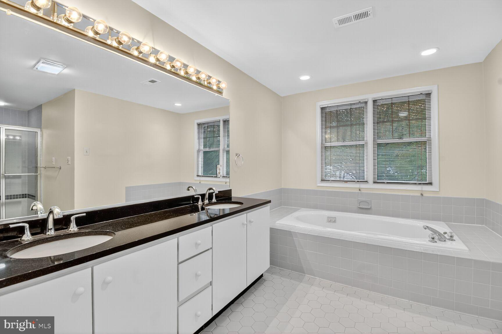 11902 Bernard Drive Silver Spring, MD 20902 - Photo 36 of 47 a spacious bathroom with a granite countertop tub a double vanity sink and large mirror