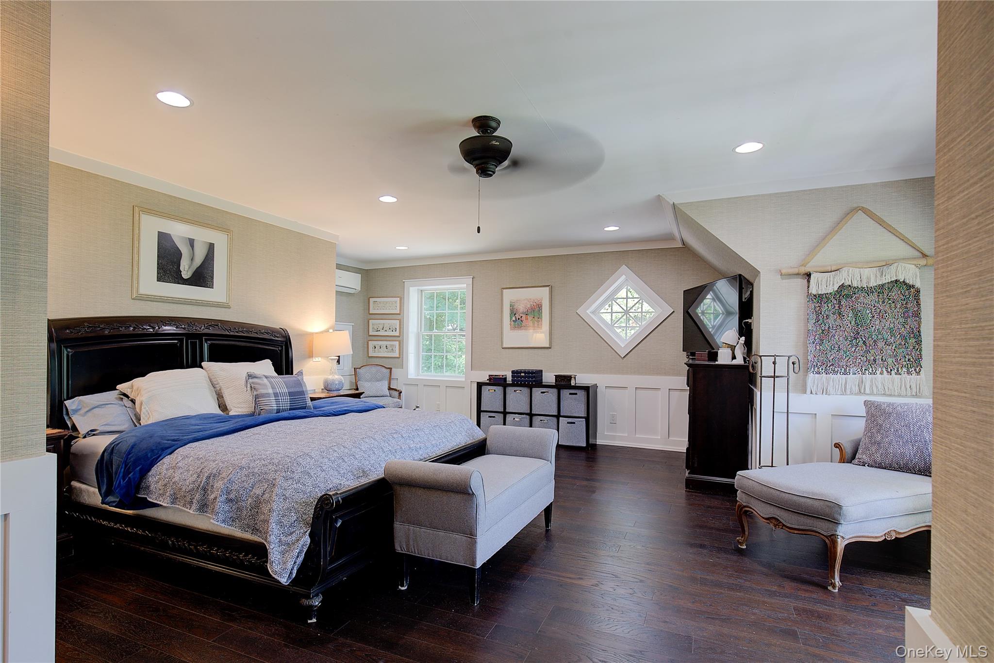 2 Spring Hollow Road Centerport, NY 11721 - Photo 22 of 44 Bedroom featuring wallpapered walls, wainscoting, a ceiling fan, hardwood / wood-style flooring, and recessed lighting