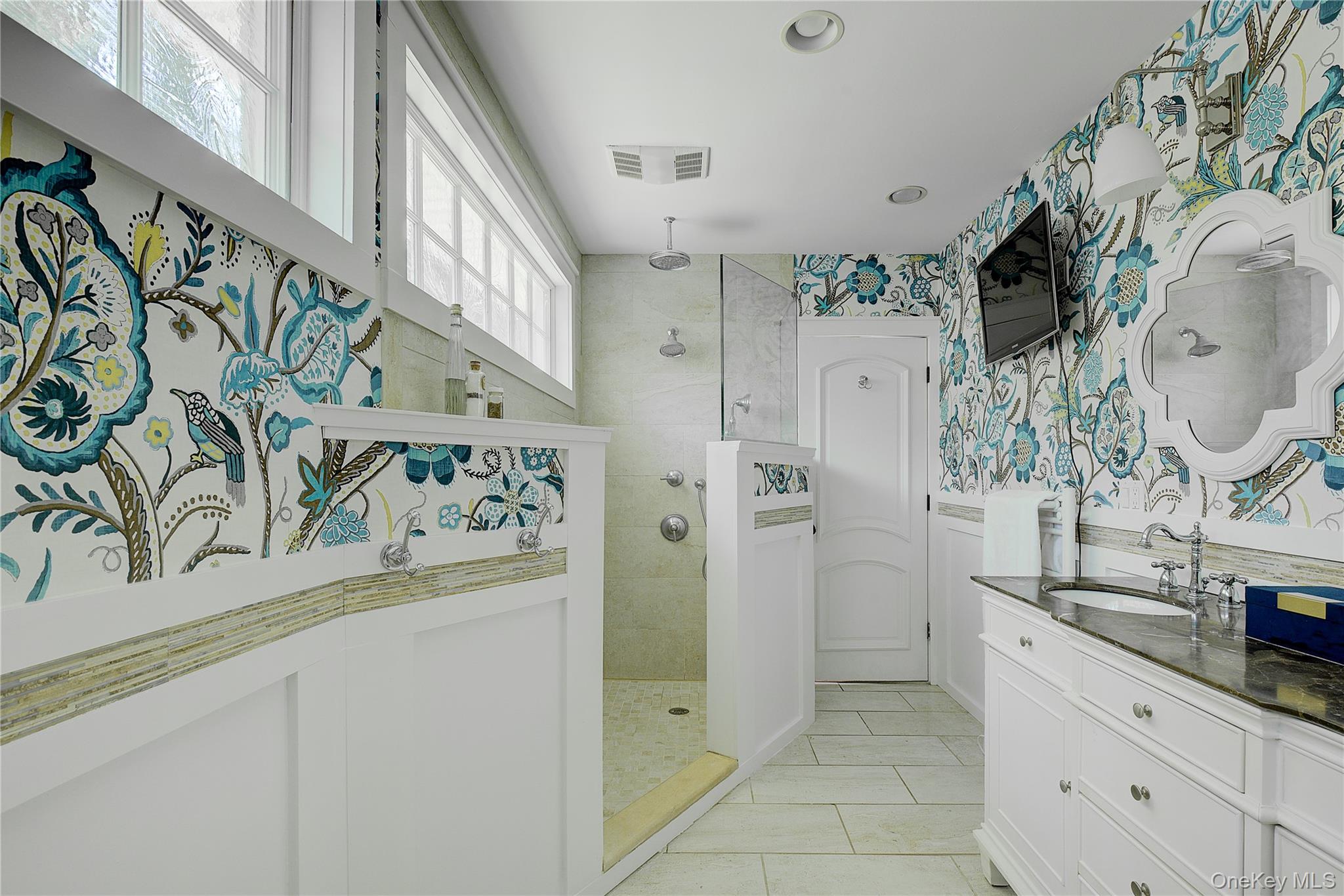 2 Spring Hollow Road Centerport, NY 11721 - Photo 27 of 44 Full bathroom featuring walk in shower, wallpapered walls, vanity, and light tile patterned flooring