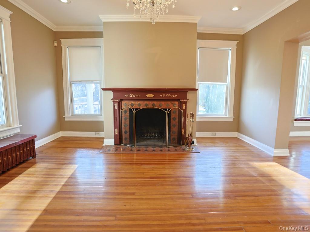 113 Hooker Avenue Poughkeepsie, NY 12601 - Photo 9 of 49 Unfurnished living room featuring crown molding, a fireplace with flush hearth, light wood finished floors, plenty of natural light, and radiator heating unit
