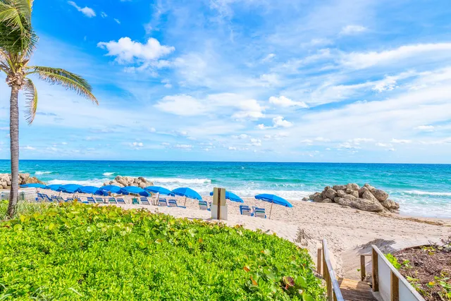 a view of a swimming pool with lounge chairs
