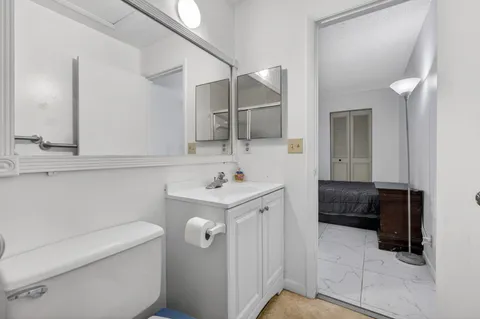 a bathroom with a sink a toilet and a mirror