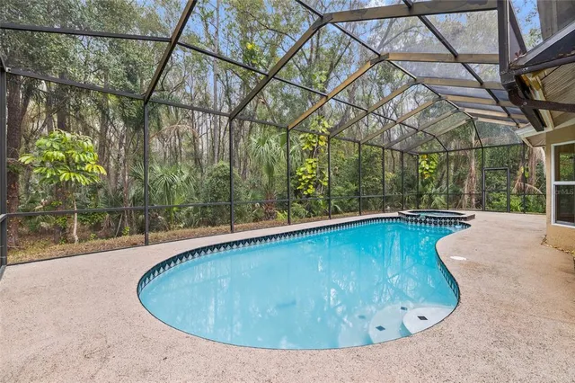 a view of a backyard with large trees