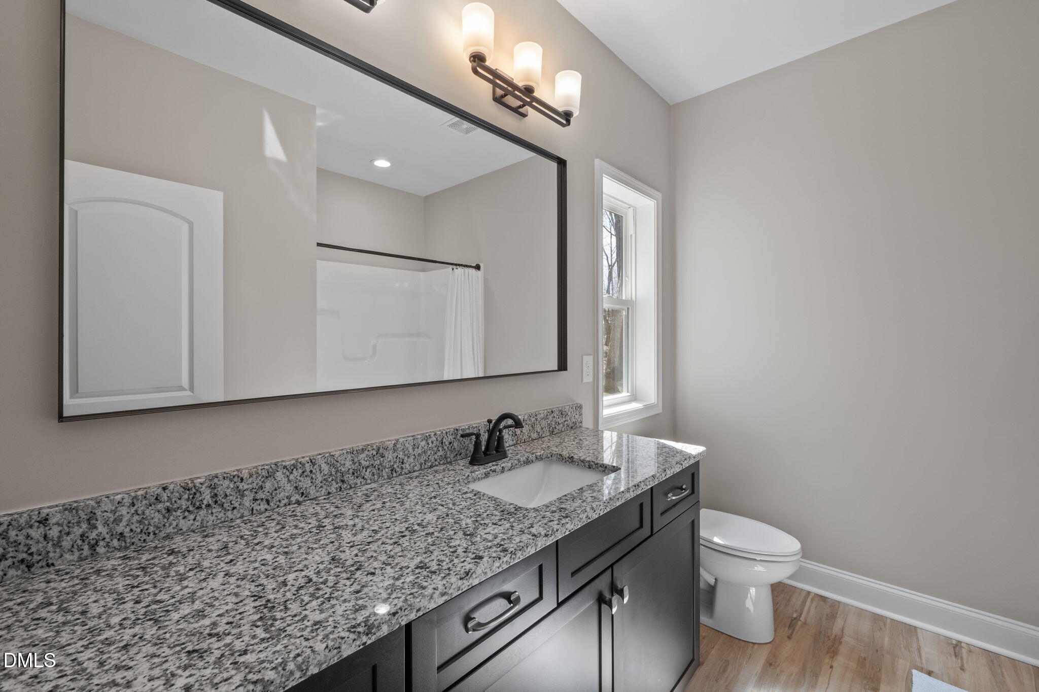8514 Charlie Stovall Road Roxboro, NC 27574 - Photo 23 of 48 a bathroom with a granite countertop sink a toilet and a mirror