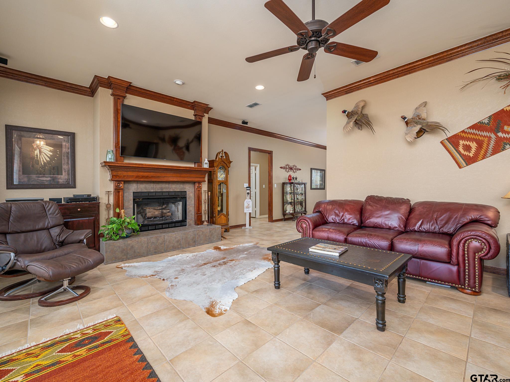 11201 Skyline Drive Brownsboro, TX 75756 - Photo 18 of 39 a living room with furniture a flat screen tv and a fireplace