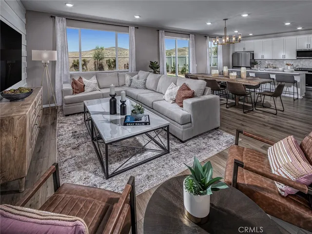 a living room with furniture kitchen view and a potted plant