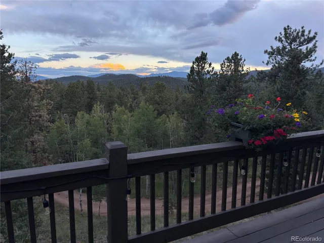 a view of a balcony with flower plants