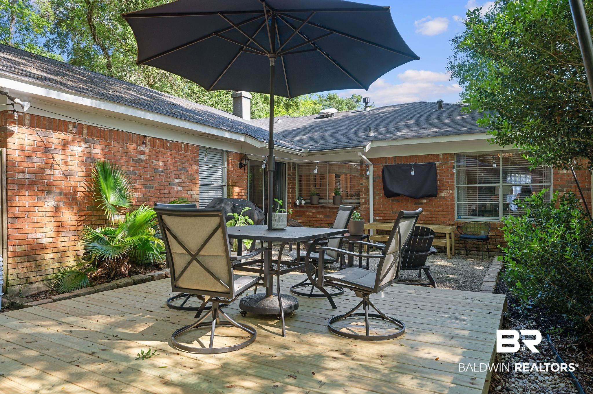 4724 Wicker Way Mobile, AL 36609 - Photo 19 of 36 Expansive outdoor deck featuring wood planking, an adjacent brick patio, and mature landscaping
