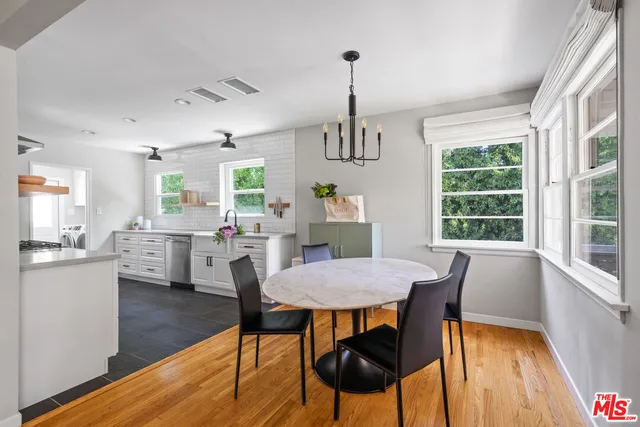 a view of a dining room with furniture window and wooden floor