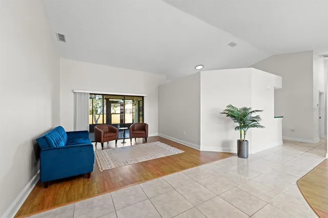 a living room with furniture flowerpot and a rug