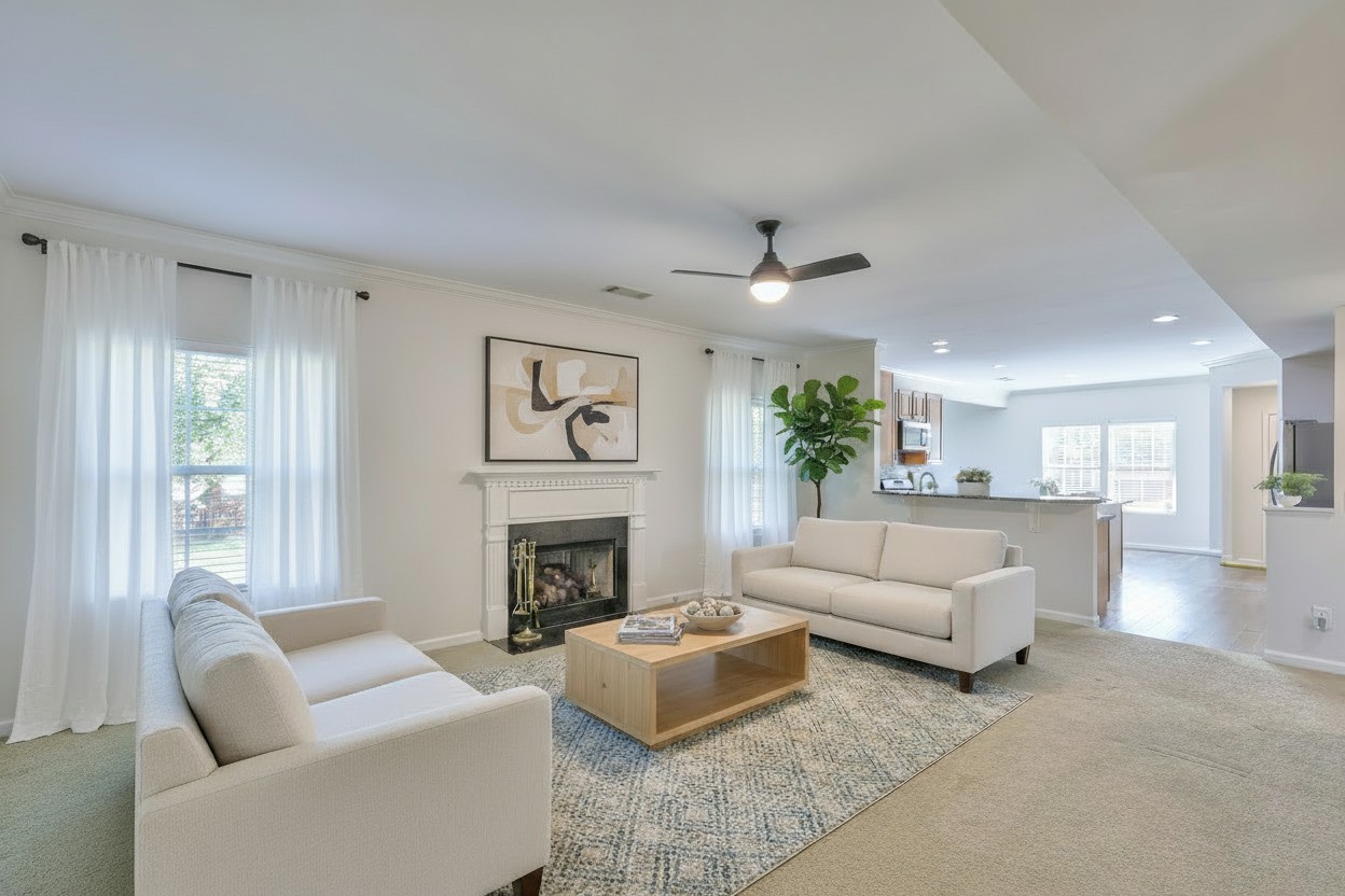 a living room with furniture and a fireplace