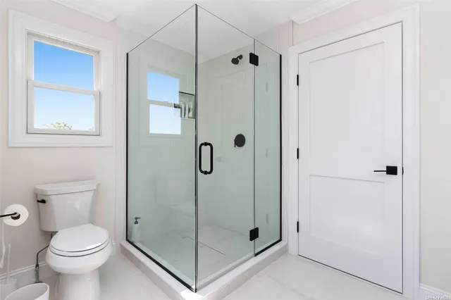 a bathroom with a shower and toilet
