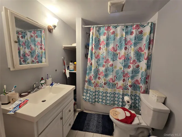 a bathroom with a sink toilet and shower curtain