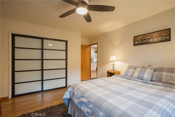 a view of a room with wooden floor and a potted plant