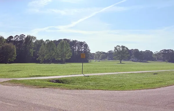 a view of a park with a bench in the background