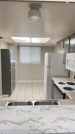 a kitchen with a sink and a refrigerator