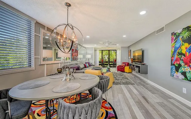 a view of a dining room with furniture and wooden floor