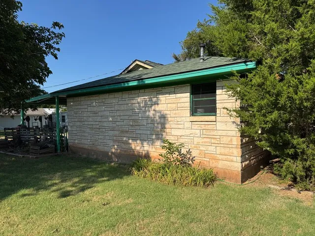 a view of a backyard with plants and large trees