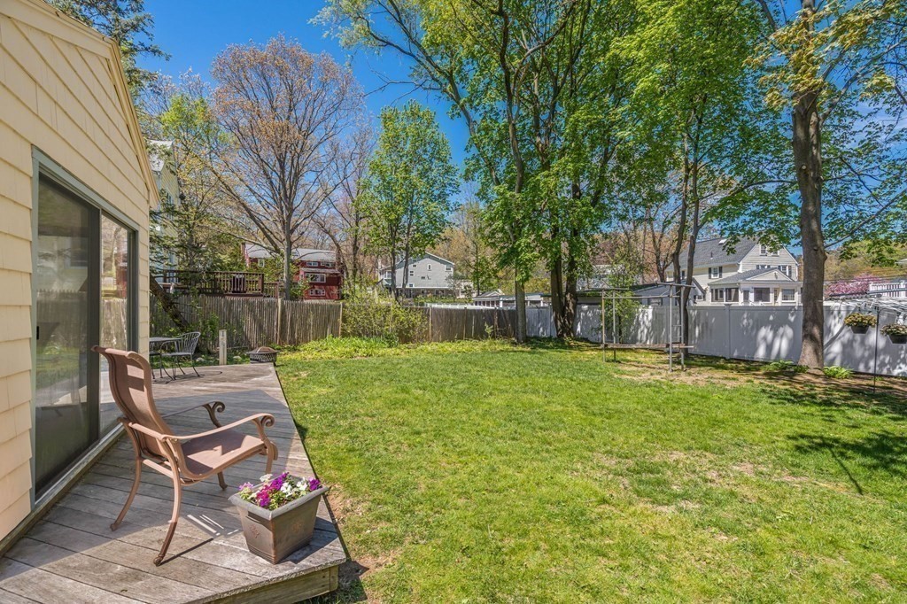 23 Indian Path Dedham, MA 02026 - Photo 31 of 35 a view of a backyard with table and chairs potted plants and a large tree
