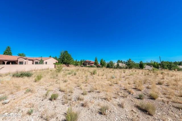 a view of a dry yard with wooden fence
