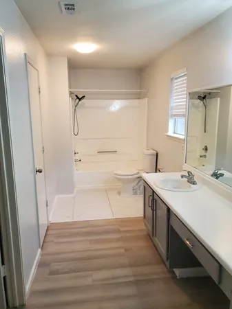 a bathroom with a sink a mirror and a shower