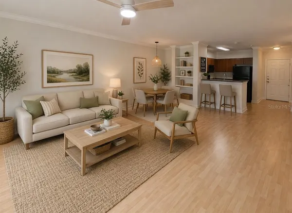 a living room with furniture and a table