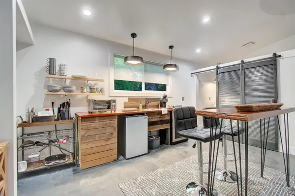 a kitchen with lots of counter top space