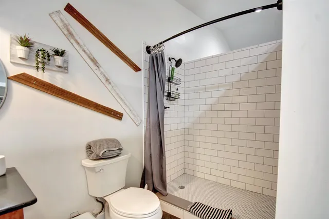 a bathroom with a toilet and a shower