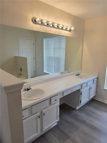 a bathroom with a double vanity sink and a mirror