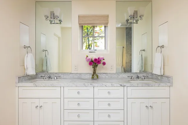 a bathroom with a granite countertop sink a potted plant and a large mirror